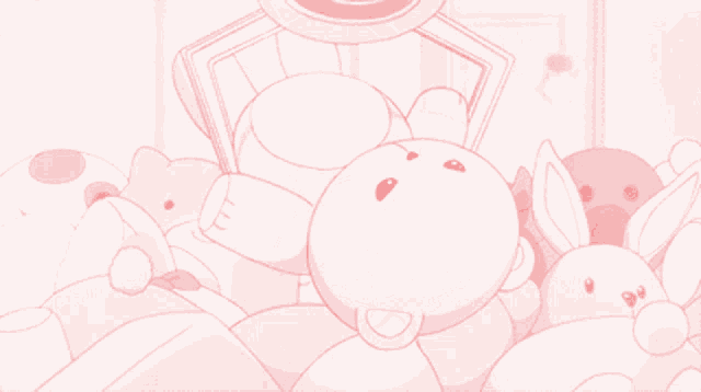 a bunch of pink stuffed animals are laying on a white surface