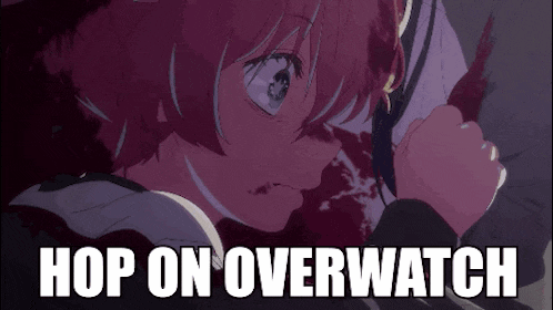 a cartoon of a girl with blood on her face and the words `` hop on overwatch '' above her .