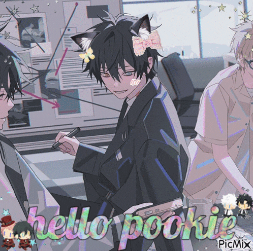 a picture of a boy with a cat ear and the words hello pookie on the bottom