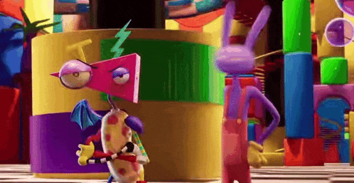 a colorful cartoon character is standing next to a purple rabbit in a colorful room .