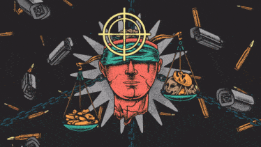 a drawing of a blindfolded man surrounded by bullets and cameras