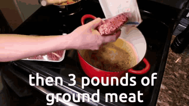 a person pouring ground meat into a pot with the words then 3 pounds of ground meat below them