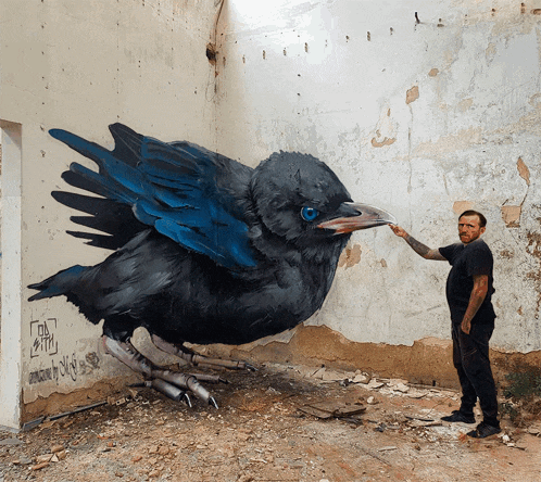 a man standing next to a large black bird with the word city written on the wall
