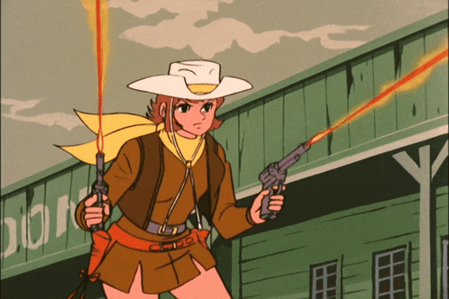 a woman in a cowboy hat is holding two guns in front of a building that says ' a ' on it