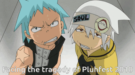 two cartoon characters with the words facing the tragedy of pluhfest 2010 on the bottom