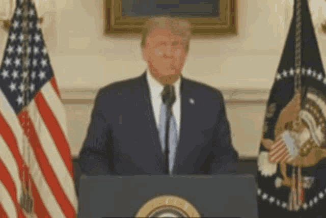 donald trump is giving a speech at a podium in front of american flags