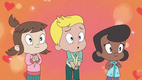 three cartoon characters standing next to each other with hearts behind them