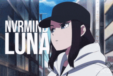 a girl wearing a hat with the name nvrmin luna written on it