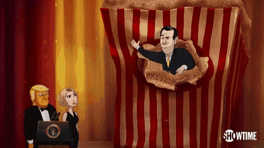 a cartoon of donald trump giving a speech in front of a popcorn box