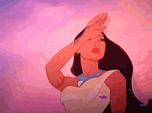 pocahontas from disney princess is covering her face with her hand and saluting .