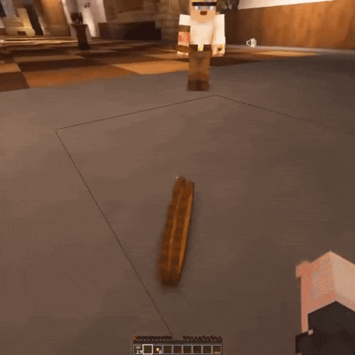 a minecraft character standing next to a large bread item