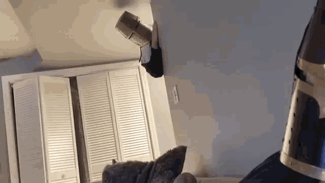 a cat is laying on a bed in a room with a knight 's armor on the wall .