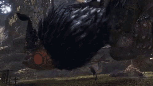 a monster in a video game is standing in the woods .