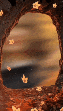 a painting of leaves falling from a tree trunk