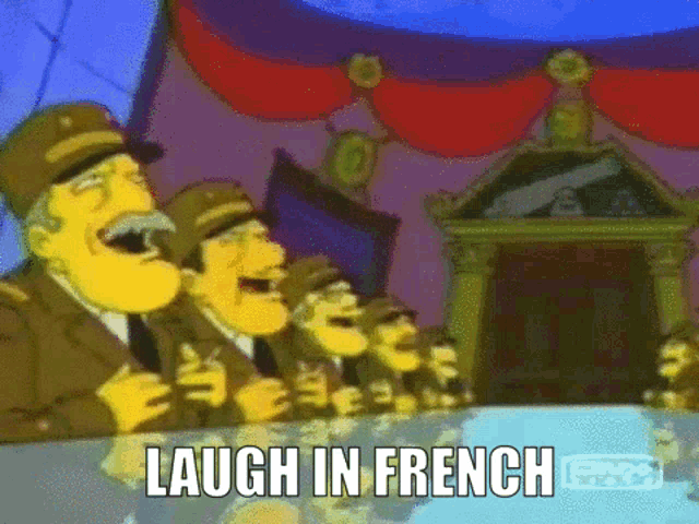 a cartoon of soldiers singing with the words laugh in french above them