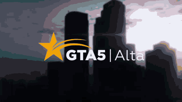 a logo for gta5 alta with a star in front of a city skyline