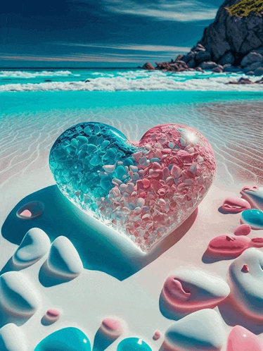 a heart made of seashells sits on a sandy beach