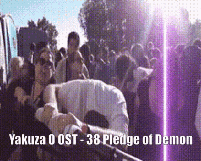 a crowd of people are gathered around a coffin with the words yakuza 0 ost - 38 pledge of demon written on it