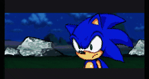 a pixel art of sonic the hedgehog on a purple background