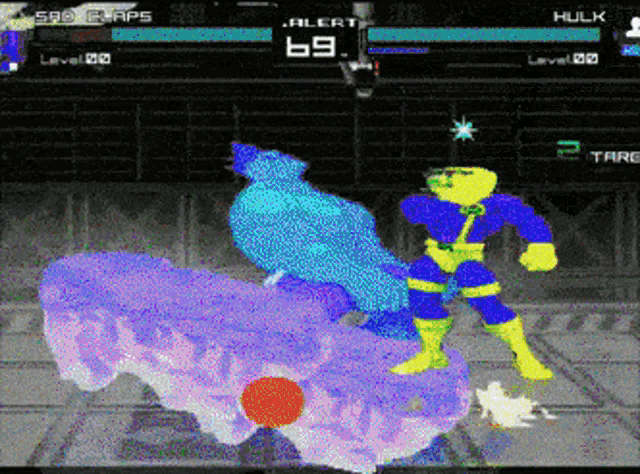 a video game screen shows a hulk and a sad claps