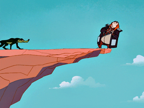 a cartoon character is standing on a cliff with a dog