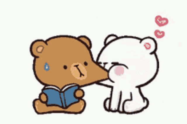 a brown teddy bear is kissing a white teddy bear who is reading a book