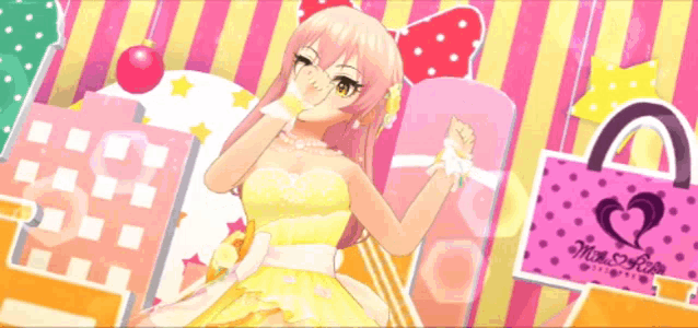 a girl in a yellow dress is standing in front of a pink bag that says mons de luxe