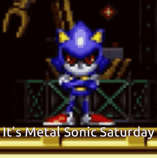 a pixel art of metal sonic standing with his arms crossed