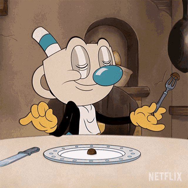 a cartoon character is sitting at a table with a plate of food and a knife and fork and a netflix logo