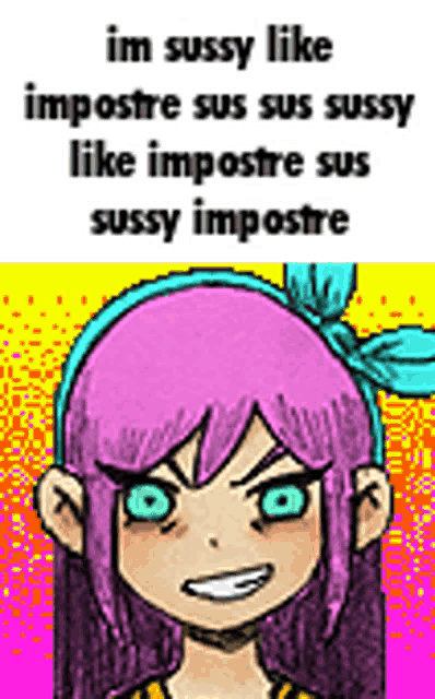 a cartoon of a girl with pink hair and blue eyes .