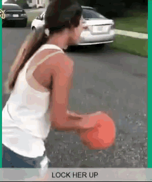 a woman is playing with an orange ball and the words lock her up are above her