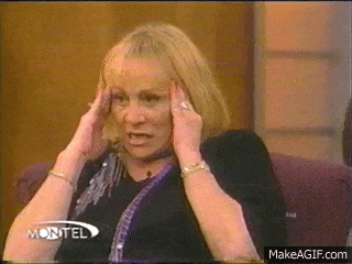 a woman is sitting on a couch with her hands on her head and the words montel on the bottom left