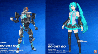 a robot and a girl are standing next to each other and the robot is saying go cat go