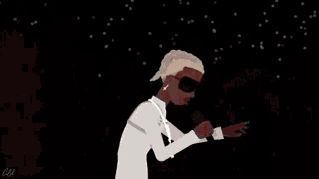 a silhouette of a person holding a microphone in front of trees and snow