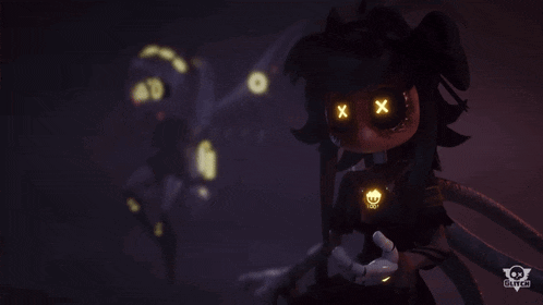a cartoon character with x 's on her eyes and a skull on her chest