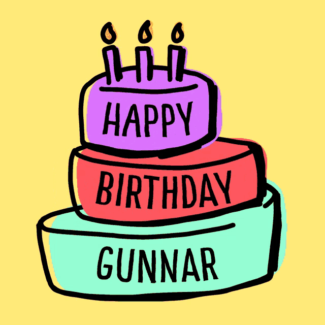 a birthday cake with three candles and the name gunnar on it