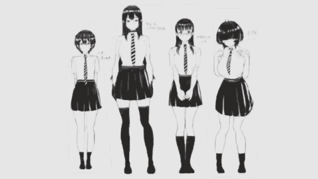 a group of anime characters are standing next to each other in a line