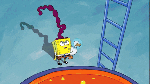 a cartoon of spongebob and a duck with a ladder in the background