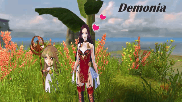 a video game character named demonia is standing in the grass