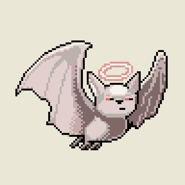 a pixel art drawing of a bat with a halo on its head and red eyes