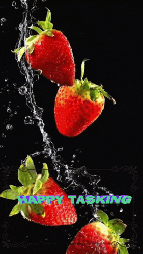 two strawberries are splashing in the water with the words " pretty tabby " written on the bottom