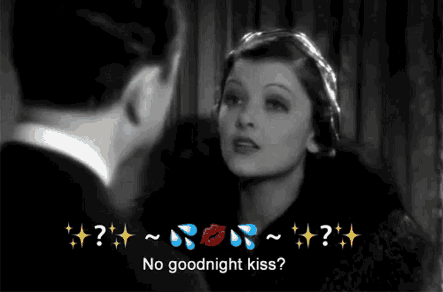 a man and a woman are looking at each other with the words no goodnight kiss