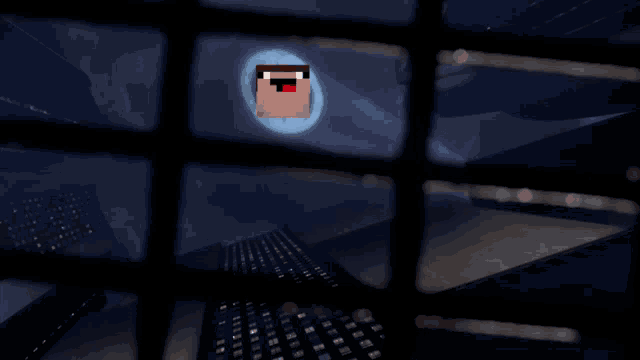 a pixelated face with a red tongue sticking out is on a dark background