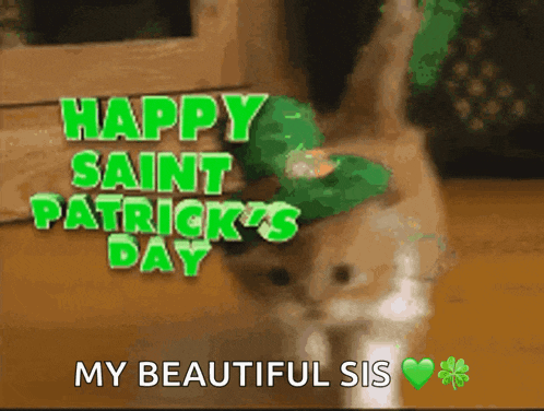 a happy saint patrick 's day greeting card with a dog wearing a leprechaun hat