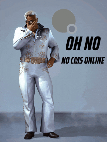 a man in a white suit with the words oh no no cms online on the bottom