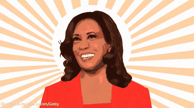 a woman in a red jacket is smiling with an illustration by lynn lingen / getty