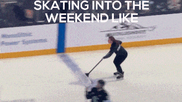a woman is skating on the ice with the words skating into the weekend like above her