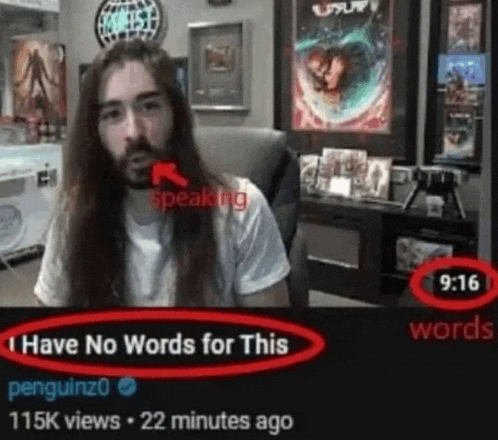 a man with long hair and a beard is sitting in a chair with the words have no words for this on the bottom