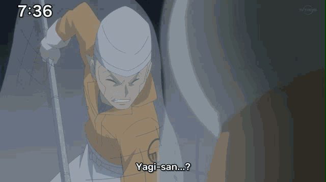 a cartoon character says " yagi-san... " while holding a stick