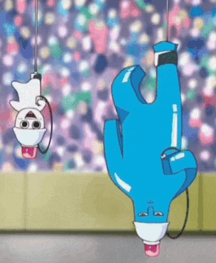 a blue cartoon character is hanging upside down from a rope .